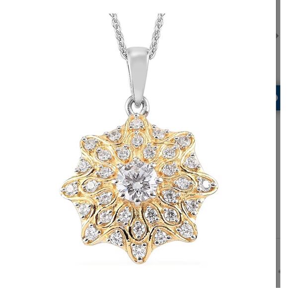 CZ Cluster Pendant Necklace 20 Inches in Vermeil Yellow Gold & Platinum Over Ste - Picture 1 of 5